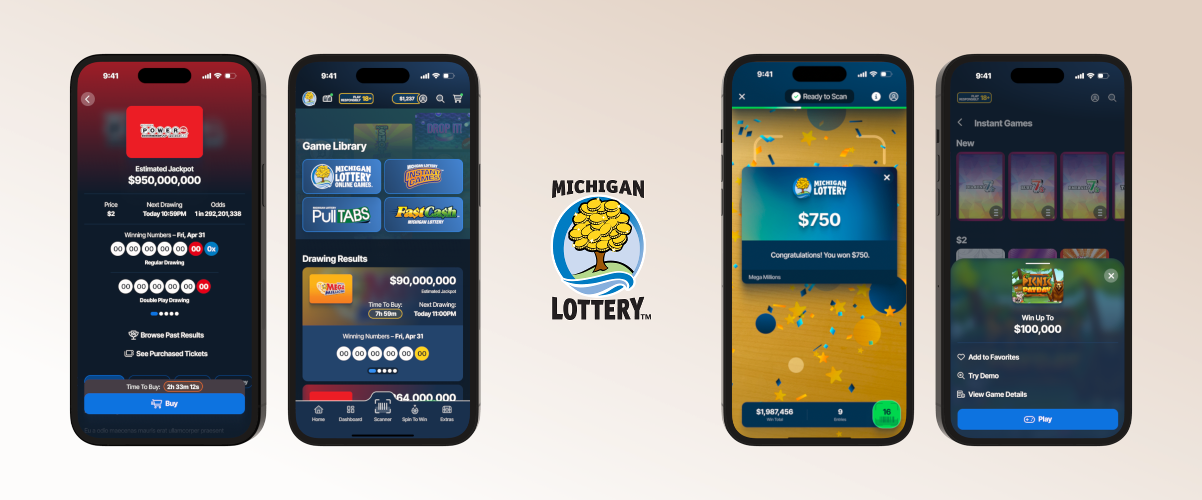 Michigan Lottery mobile app screens showcasing the redesigned player experience powered by Gambyt.