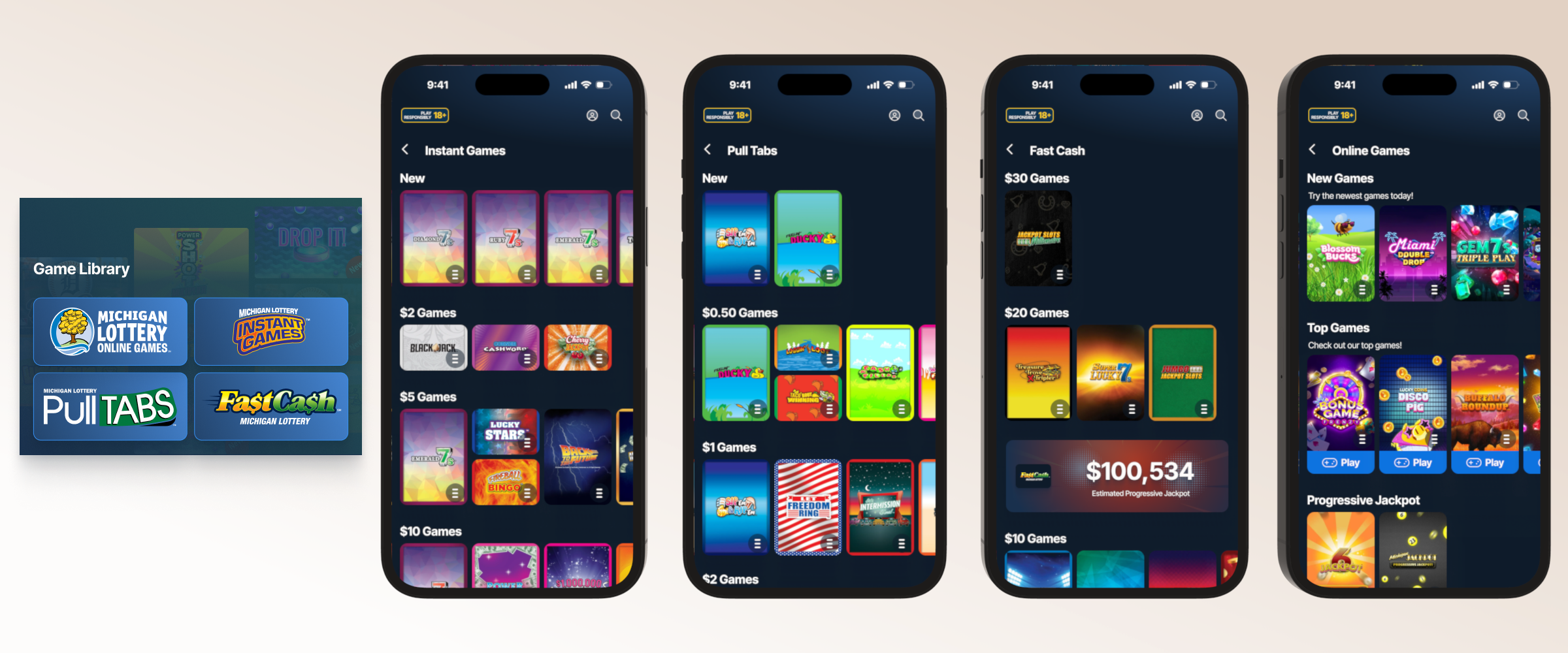 Michigan Lottery mobile app game discovery experience with personalized recommendations and game categories.