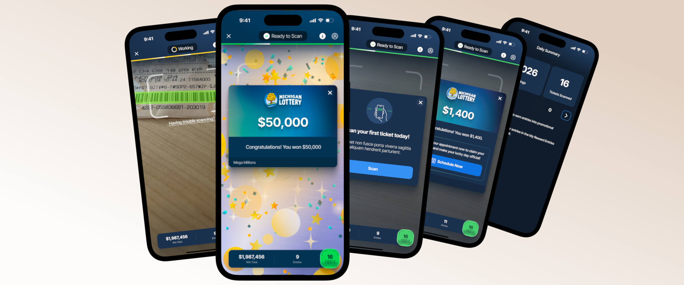 Michigan Lottery mobile app ticket scanner showing prize results and scan history.