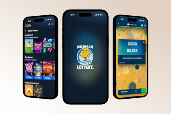 Michigan Lottery mobile app interface showing game selection and winning ticket scan experience.